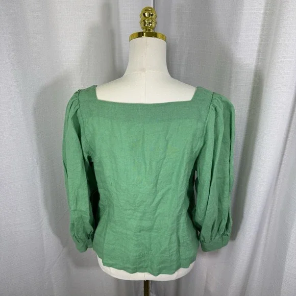 NEW J. Crew 100% Linen Women's Medium Green Top Blouse Preppy Office Puff Sleeve - Picture 2 of 12